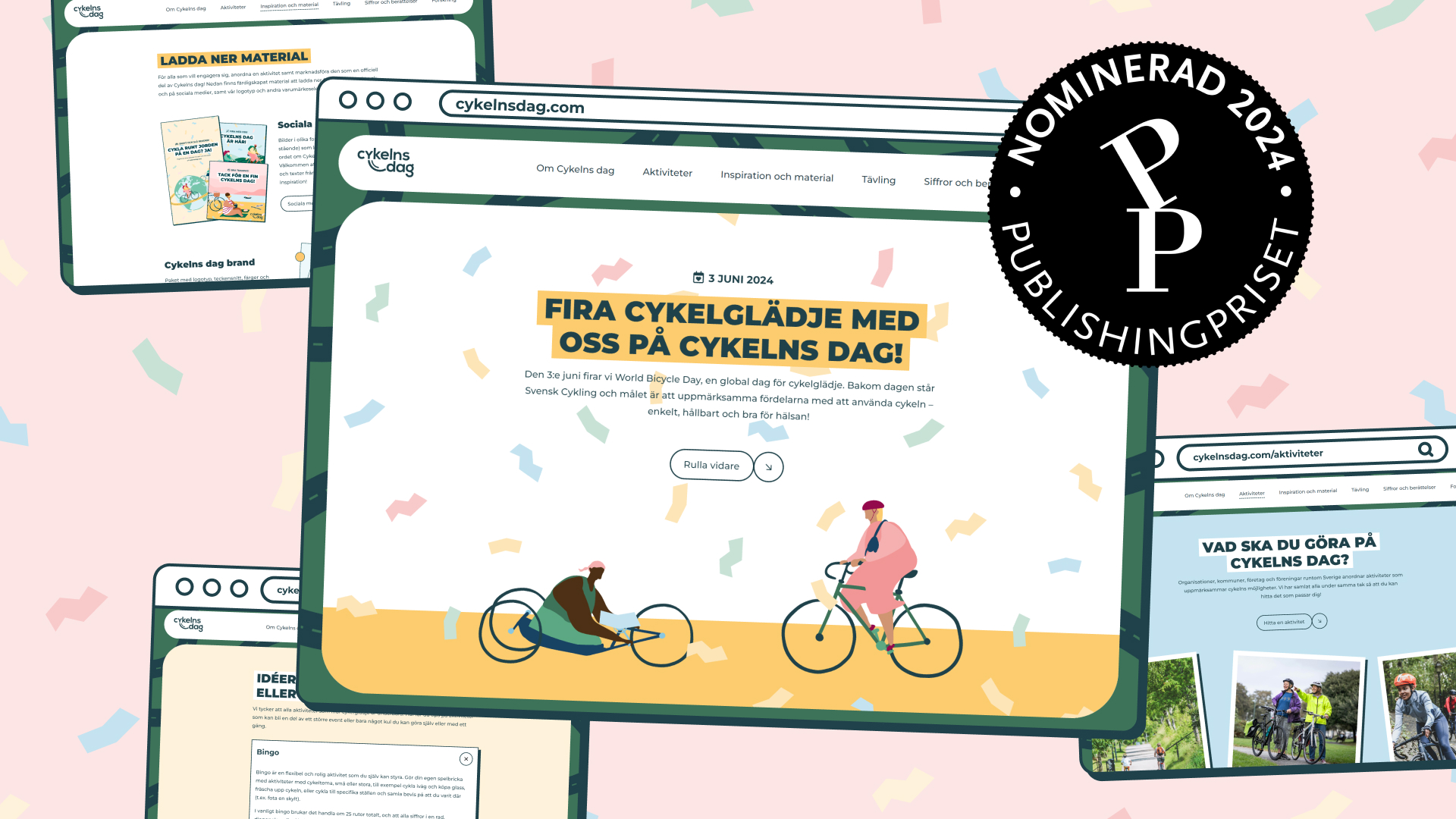 Kollage med flera bilder som illustrerar hemsidan cykelnsdag.se utformad av Hamrén, samt emblem för nominering till Svenska Publishingpriset